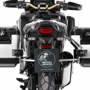 Akce Hepco Becker Nerezový boční nosič Cutout (s výřezem) včetně bočních kufrů Xplorer, stříbrný, Honda CRF 1100L Africa Twin 24-26